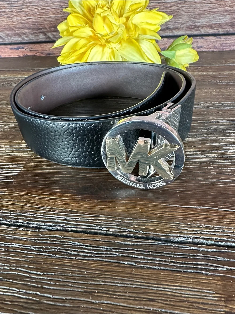 Michael Kors Black Leather Belt with Silver & Gold MK Round Buckle